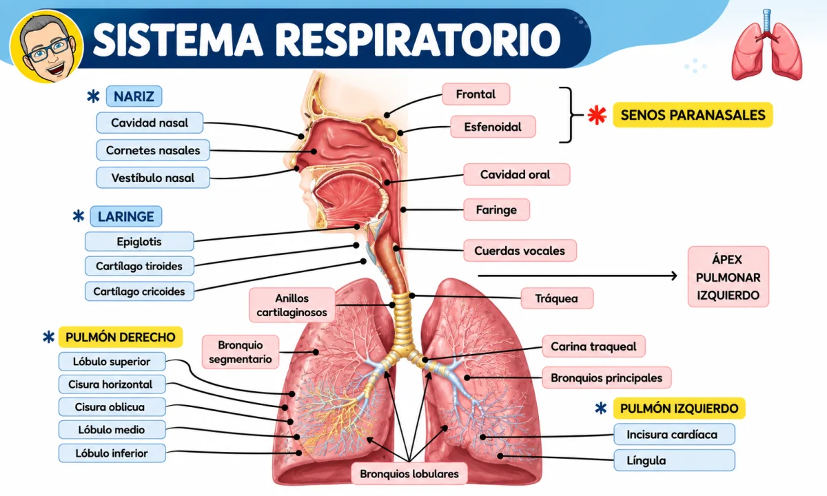 Partes y funciones del sistema respiratorio: recorrido del aire y órganos principales