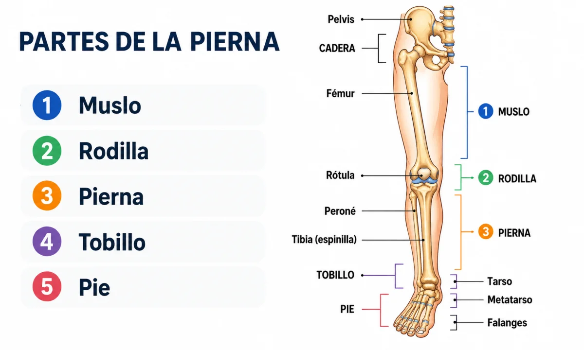 Nombres de los huesos de la pierna: fémur, tibia, peroné y pie