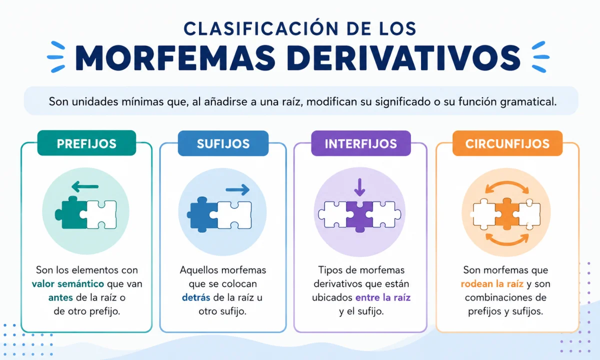 Tipos de morfemas derivativos: prefijos, sufijos, interfijos y circunfijos