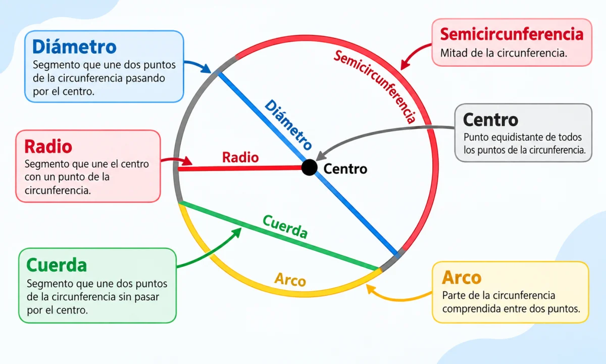 Partes de la circunferencia: elementos, tipos y diferencias con el círculo