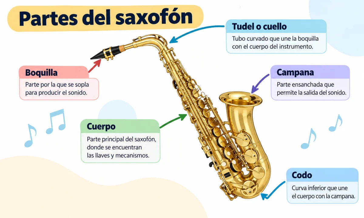 Partes del saxofón: nombres y función de cada una
