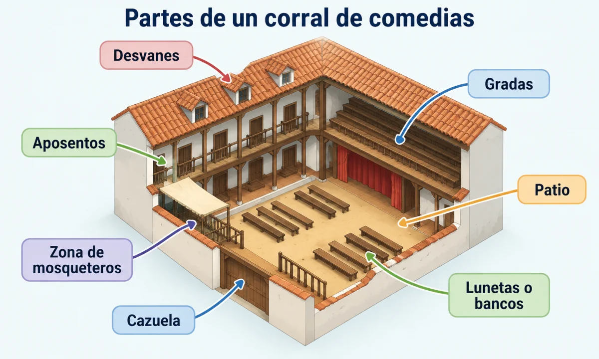 Partes de un corral de comedias: espacios y funcionamiento
