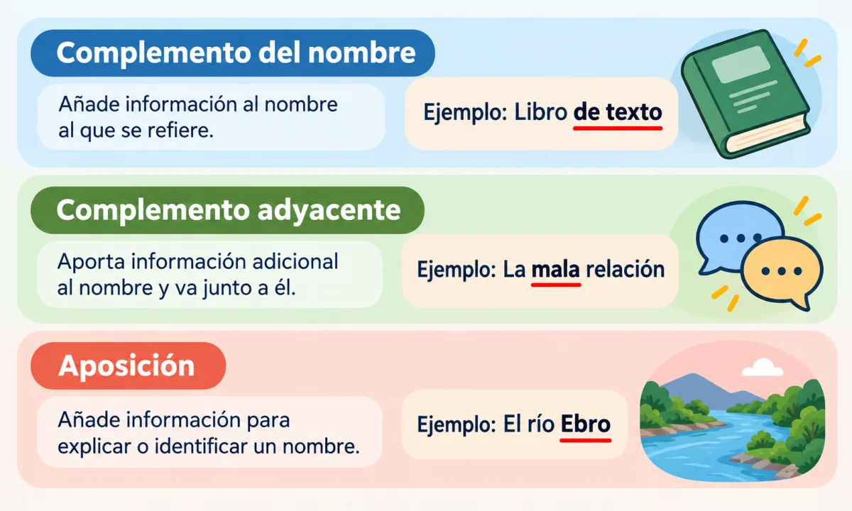 Complemento del nombre, adyacente y aposición: diferencias y ejemplos